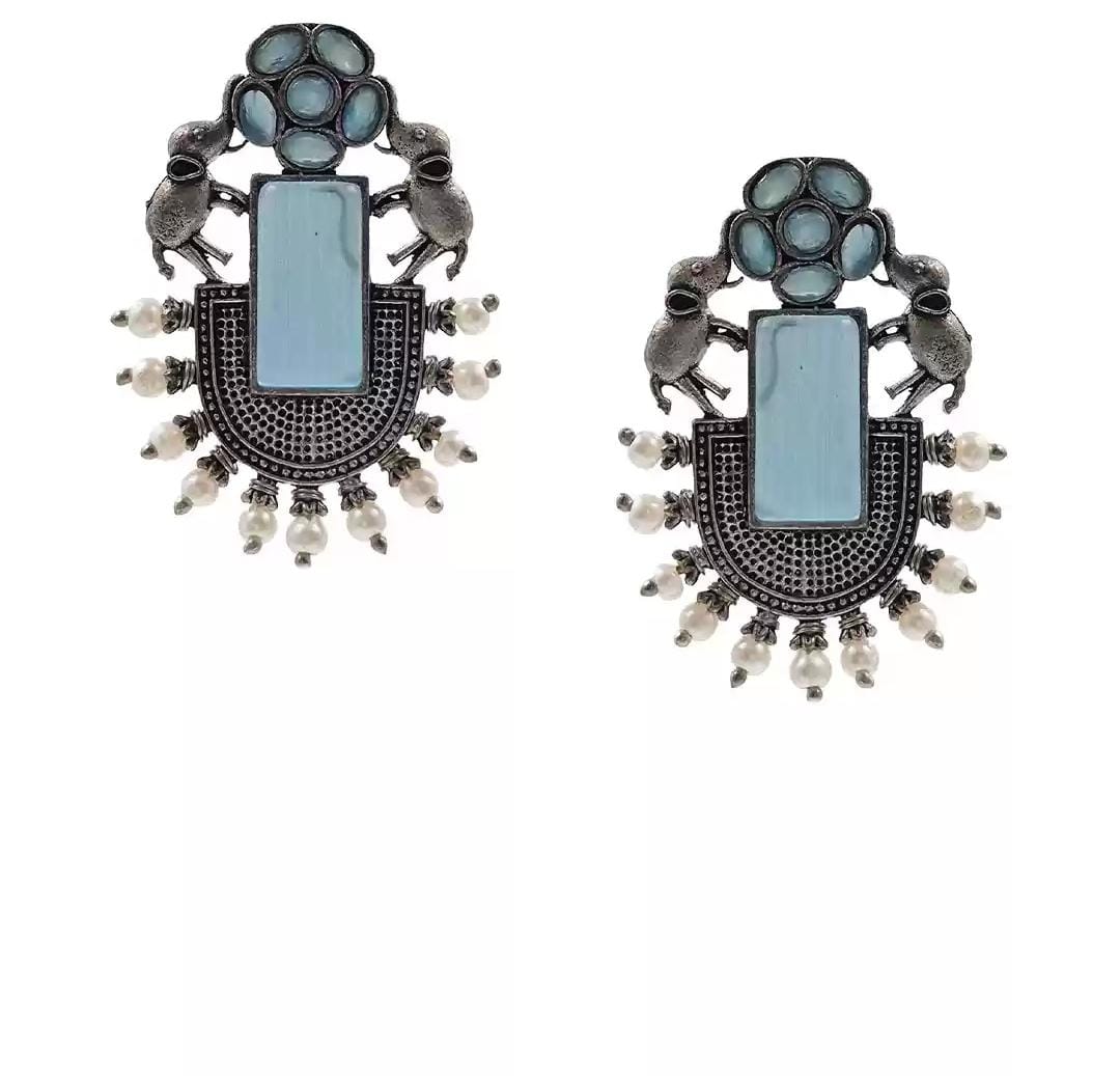 Silver-Plated Stones Studded & Pearls Beaded Oxidised Animal Shaped Studs