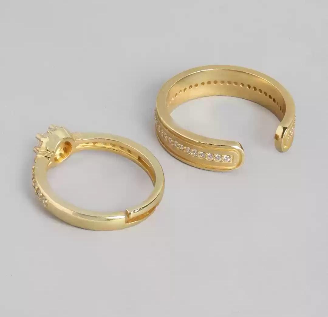 Set of Two Gold- Plated Cubic Zirconia- Studded Adjustable Couple Finger Rings