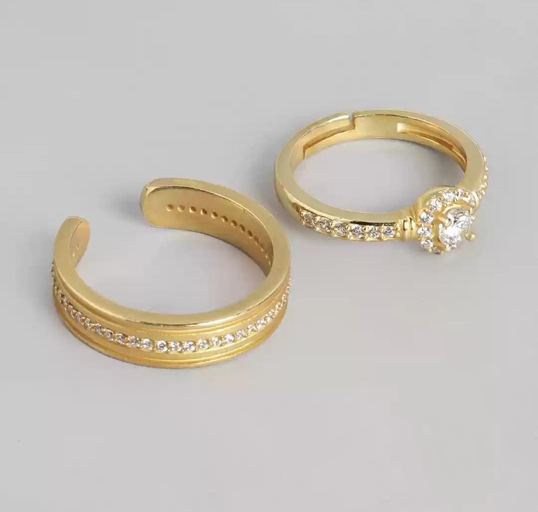 Set of Two Gold- Plated Cubic Zirconia- Studded Adjustable Couple Finger Rings