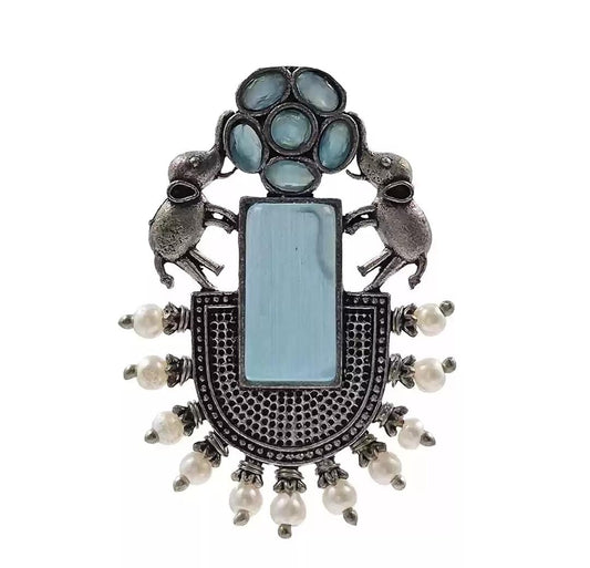 Silver-Plated Stones Studded & Pearls Beaded Oxidised Animal Shaped Studs