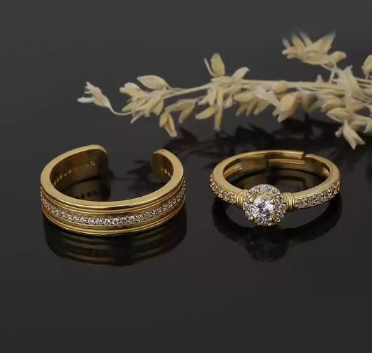 Set of Two Gold- Plated Cubic Zirconia- Studded Adjustable Couple Finger Rings